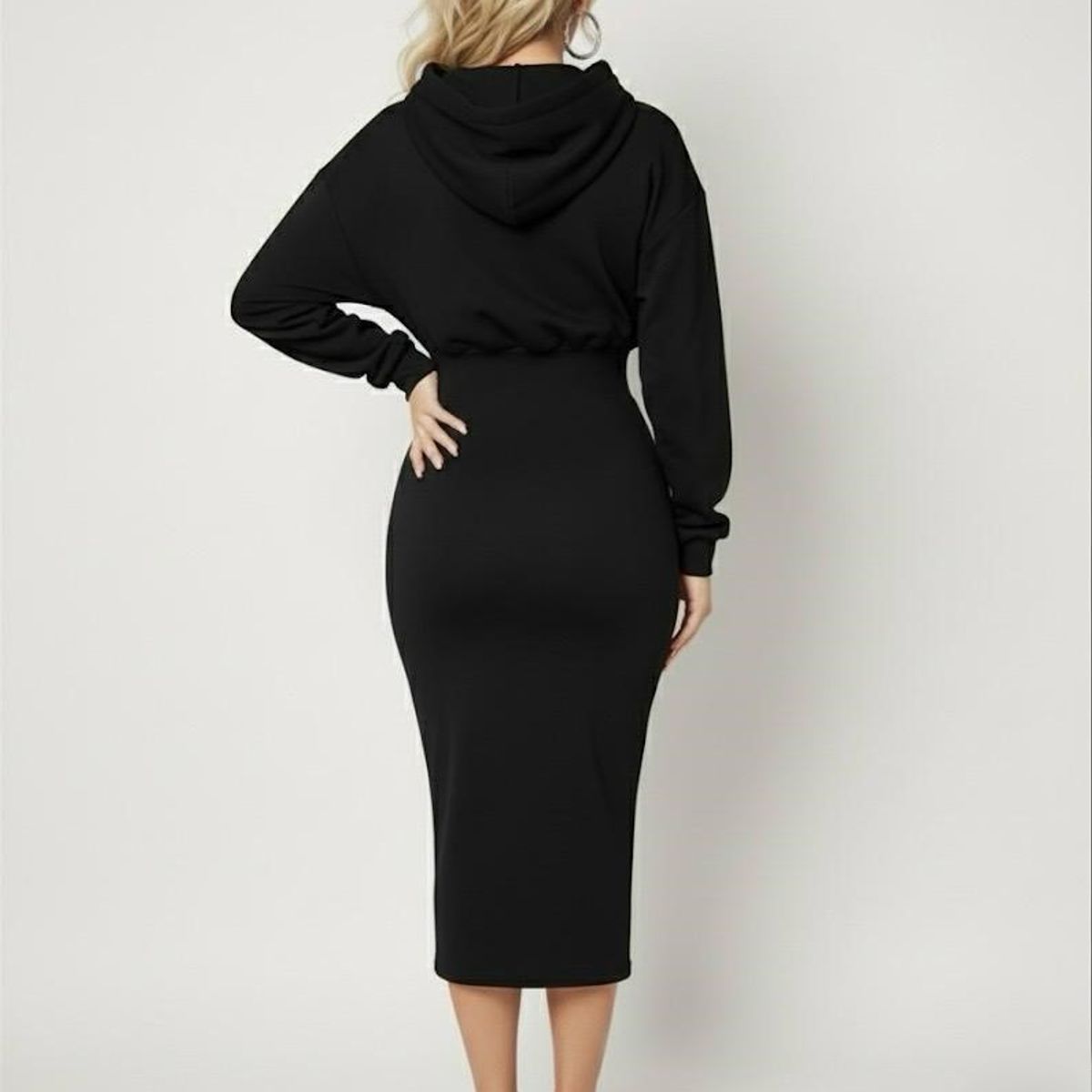 HAMI BOUTIQUE - Vestido Largo Tipo Polerón Negro - Con Capucha y Cintura Ajustada