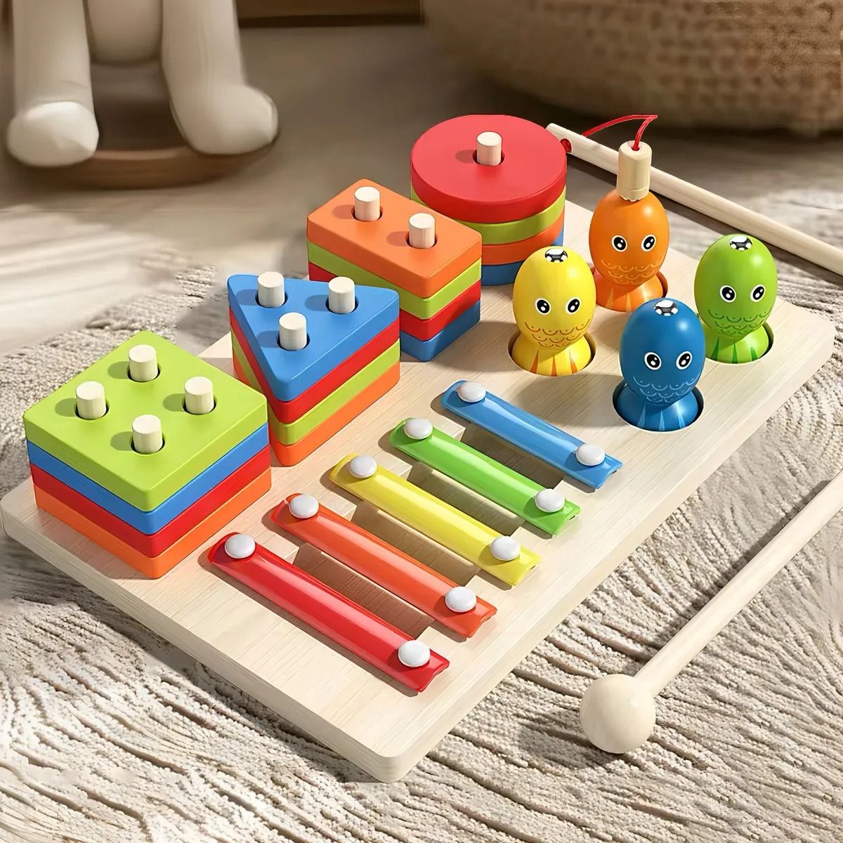GENERICO - Juego Didáctico Madera 7 En 1 Pesca Xilófono Encaje Infantil