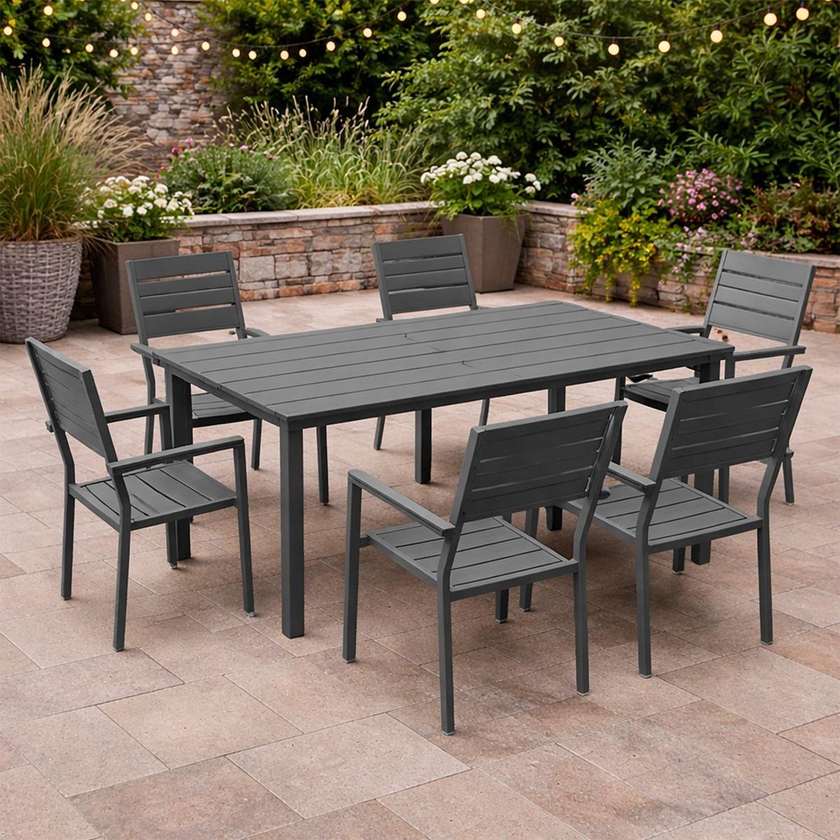 NORTHWEST - Juego Comedor Terraza 6 Personas Mesa 180x90cm Beige Northwest