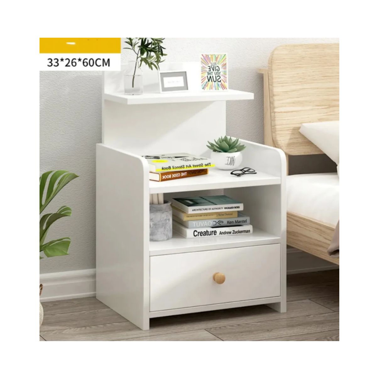 GENERICO - Velador Moderno con Cajón y Repisa Superior Blanca - 60x33x26 cm