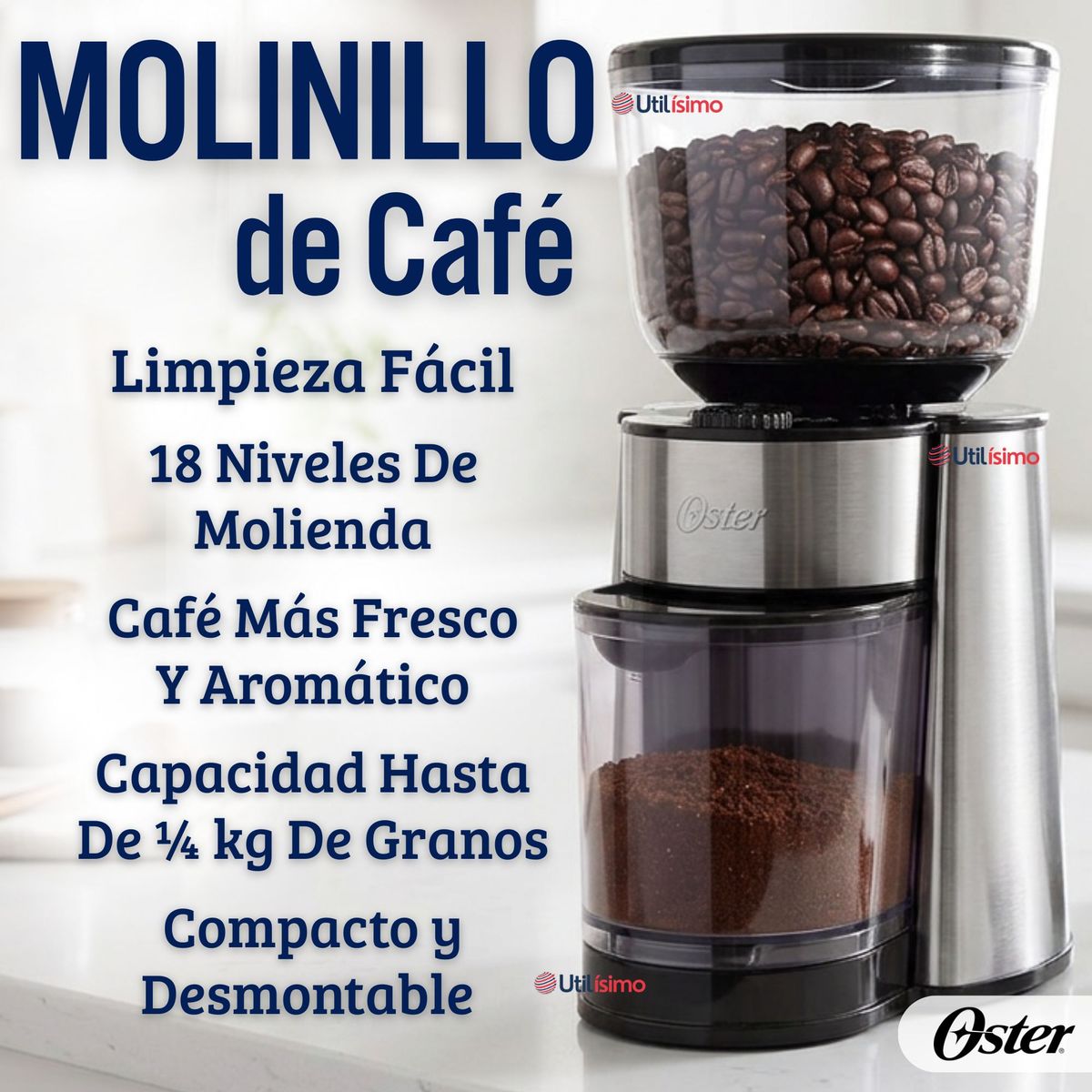 OSTER - Oster® Molinillo de Café, Accesorio, Con 18 Ajustes De Grosor, Incluye Accesorios, BVSTBMH23