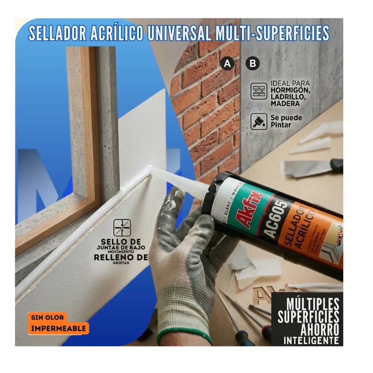 AKFIX - Masilla Acrilica Akfix Ac605 Sellador Grietas Pintable X3