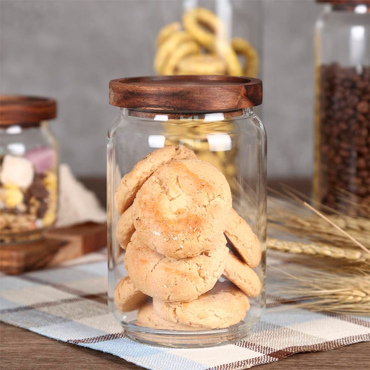 WAKESHOME - Recipiente de Vidrio Hermético Frasco de Alimentos con Tapa de Madera 650ml