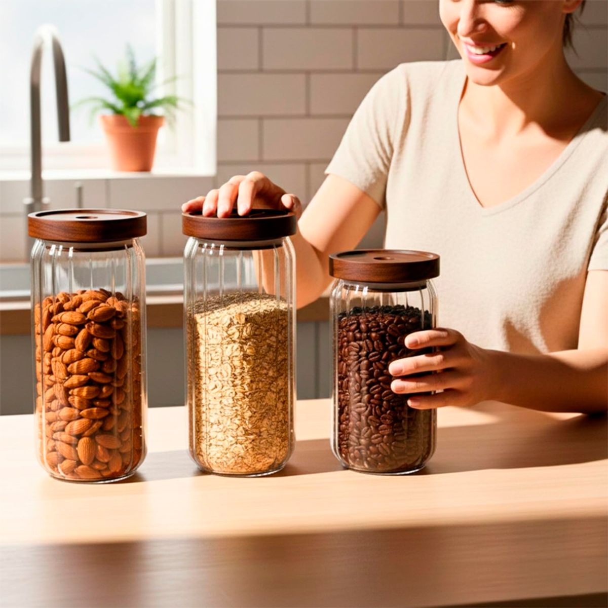 WAKESHOME - Recipiente de Vidrio en Relieve Frasco Hermético de Alimentos con Tapa de Madera 950 ml