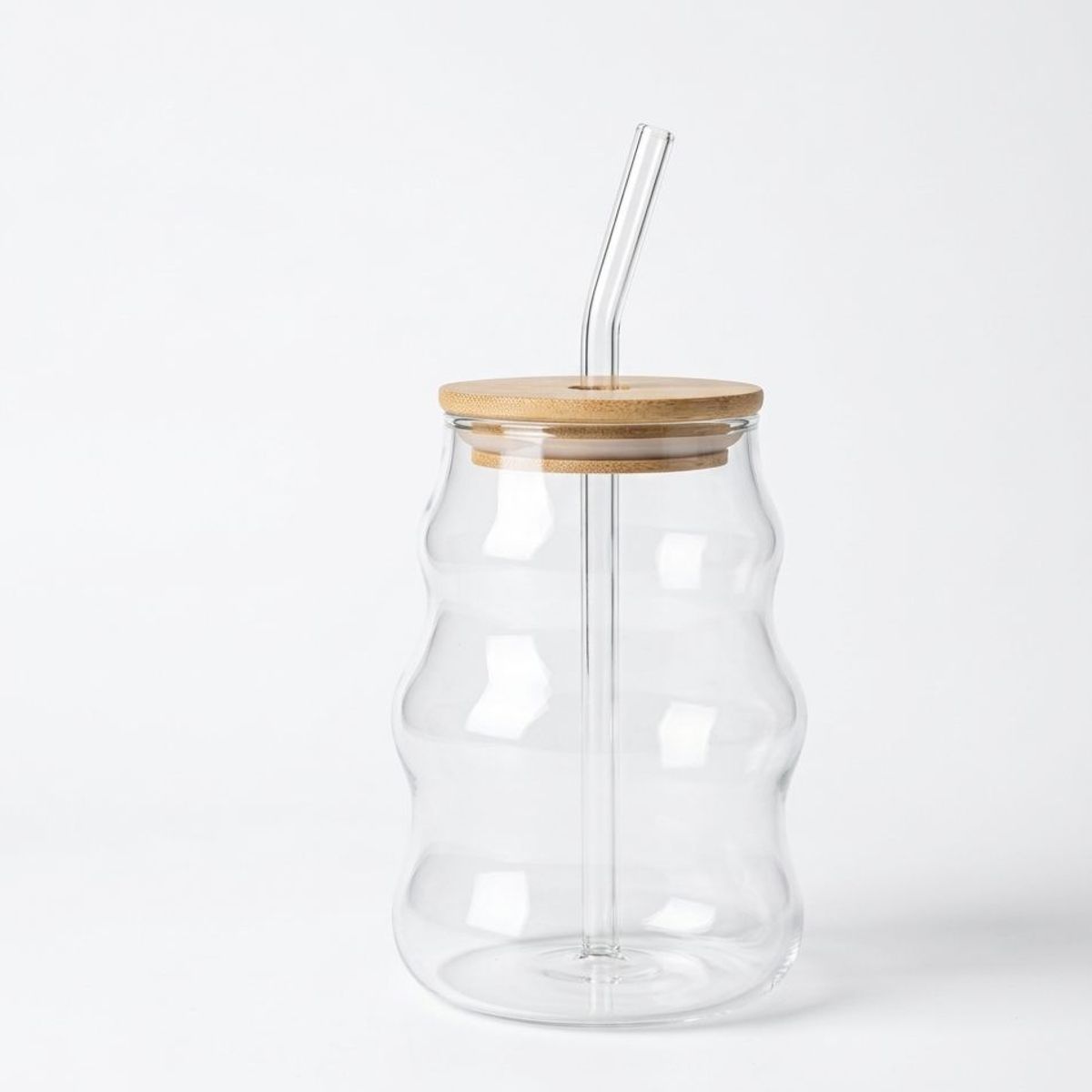 WAKESHOME - Vaso de Vidrio Ondulado con Tapa de Bambú y Bombilla 400ml