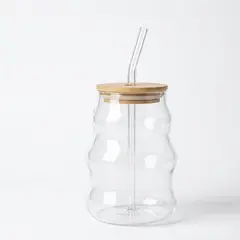 WAKESHOME - Vaso de Vidrio Ondulado con Tapa de Bambú y Bombilla 400ml