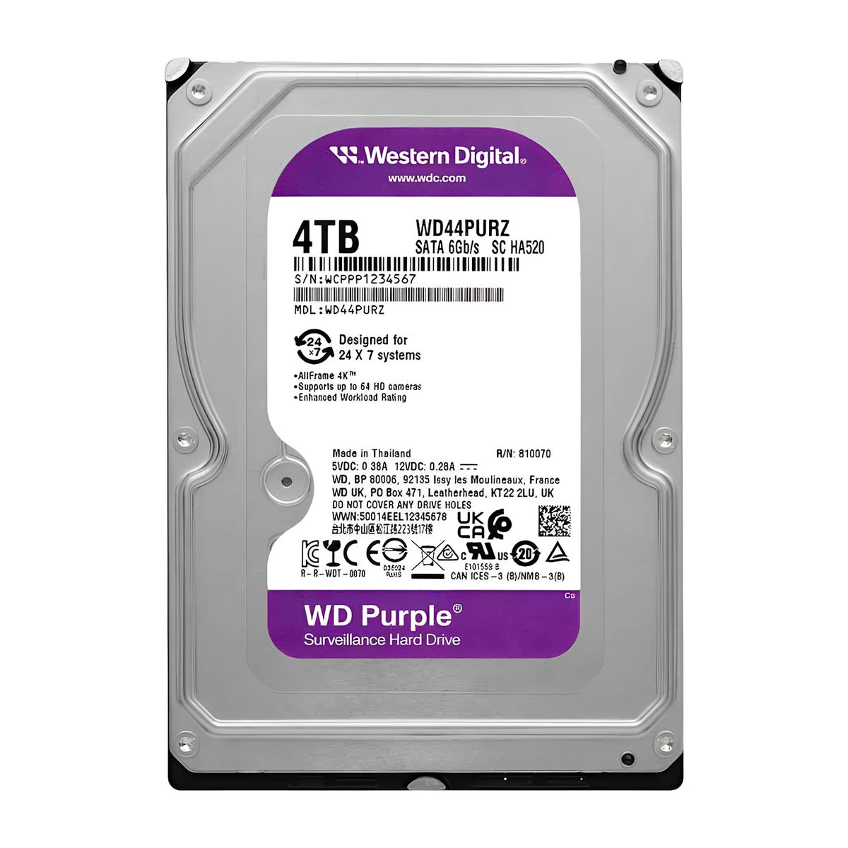 WESTERN DIGITAL - Disco Duro Interno WD Purple 4 TB Vigilancia PC / DVR / NVR