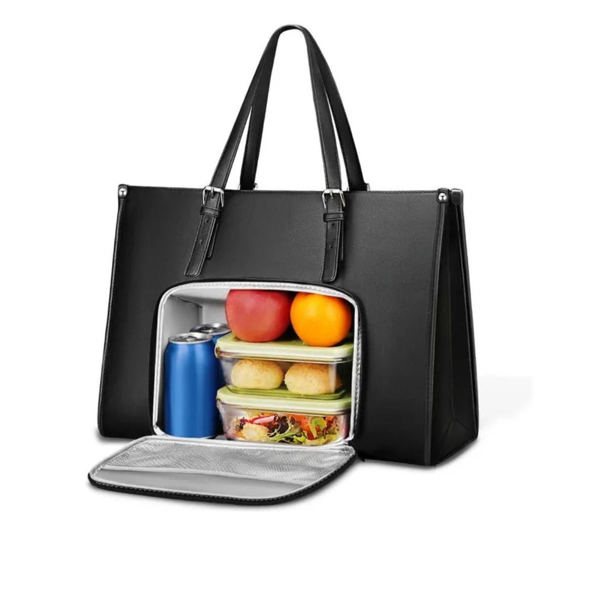 GENERICO - Bolsa tote térmica para mujer negro de cuero con compartimento para lunchbox