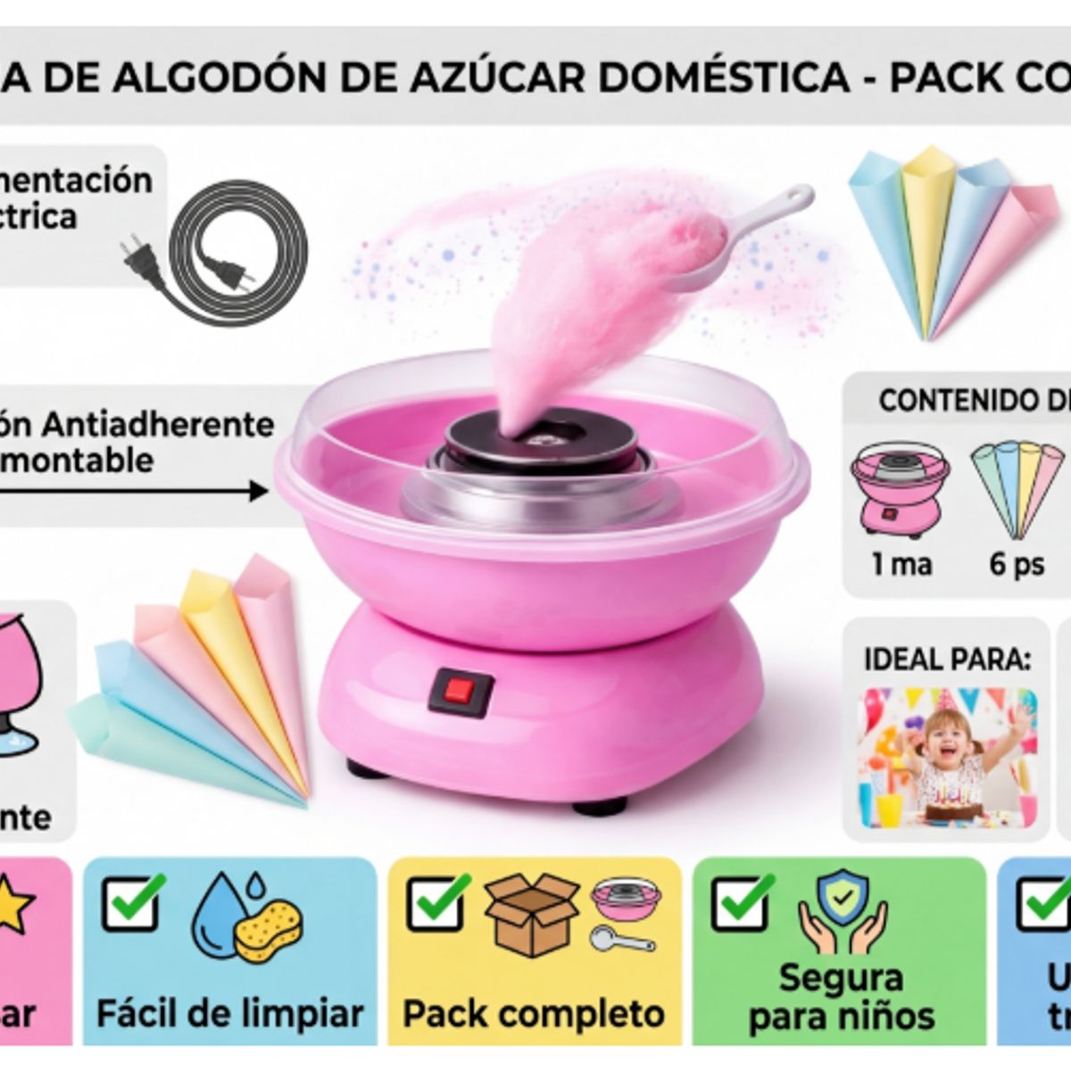 GENERICO - Máquina Algodón de Azúcar Eléctrica Casa Fiestas Infantiles Rosa + 6 Conos