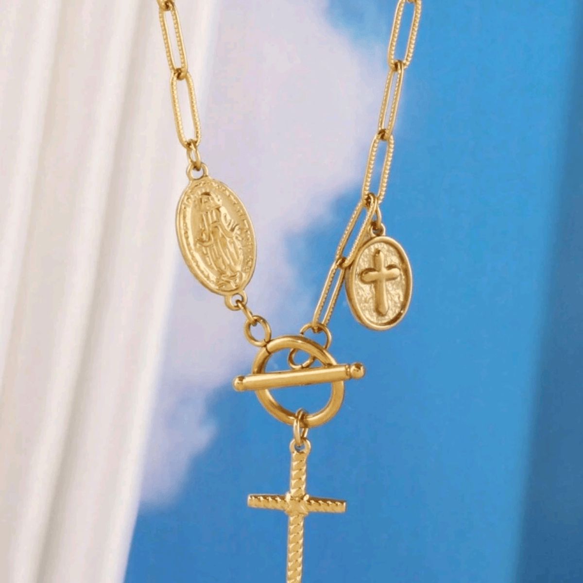 GENERICO - Collar VIRGEN Y CRUZ en Acero  Inoxidable