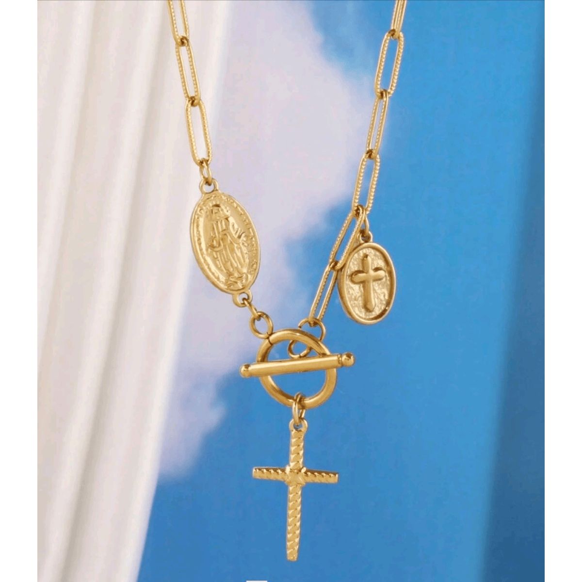 GENERICO - Collar VIRGEN Y CRUZ en Acero  Inoxidable