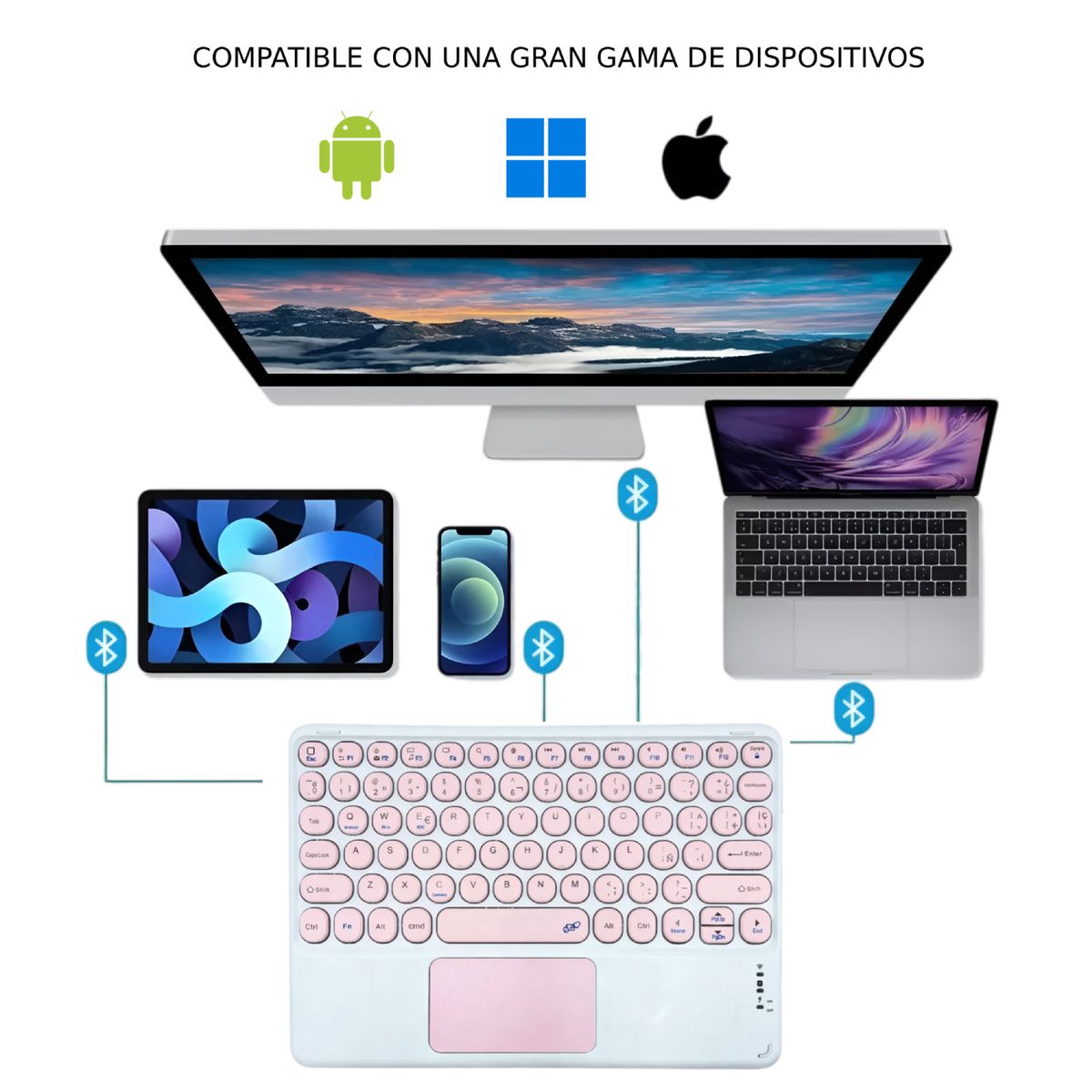 GENERICO - Teclado Touchpad Inalámbrico Bluetooth Recargable para Tablet, Ipad o Smartphone - Rosado