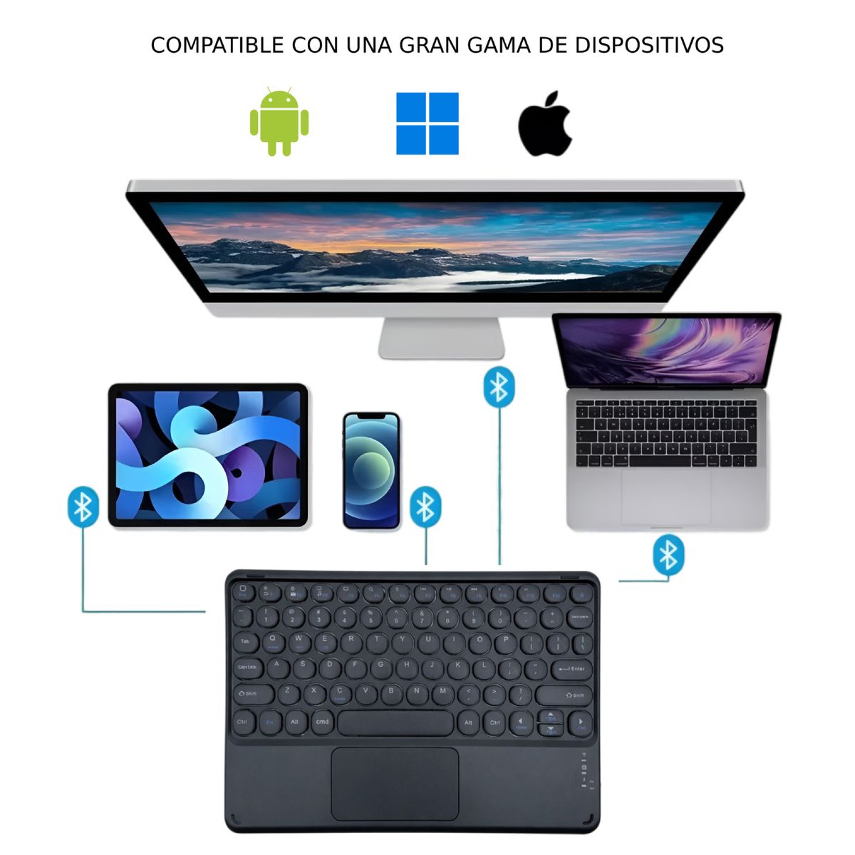 GENERICO - Teclado Touchpad Inalámbrico Bluetooth Recargable para Tablet, Ipad o Smartphone - Negro