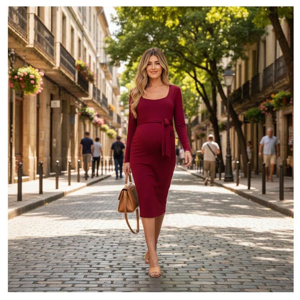 KIVARA - Vestido Maternidad Manga Larga Con Lazo Rojo Embarazada