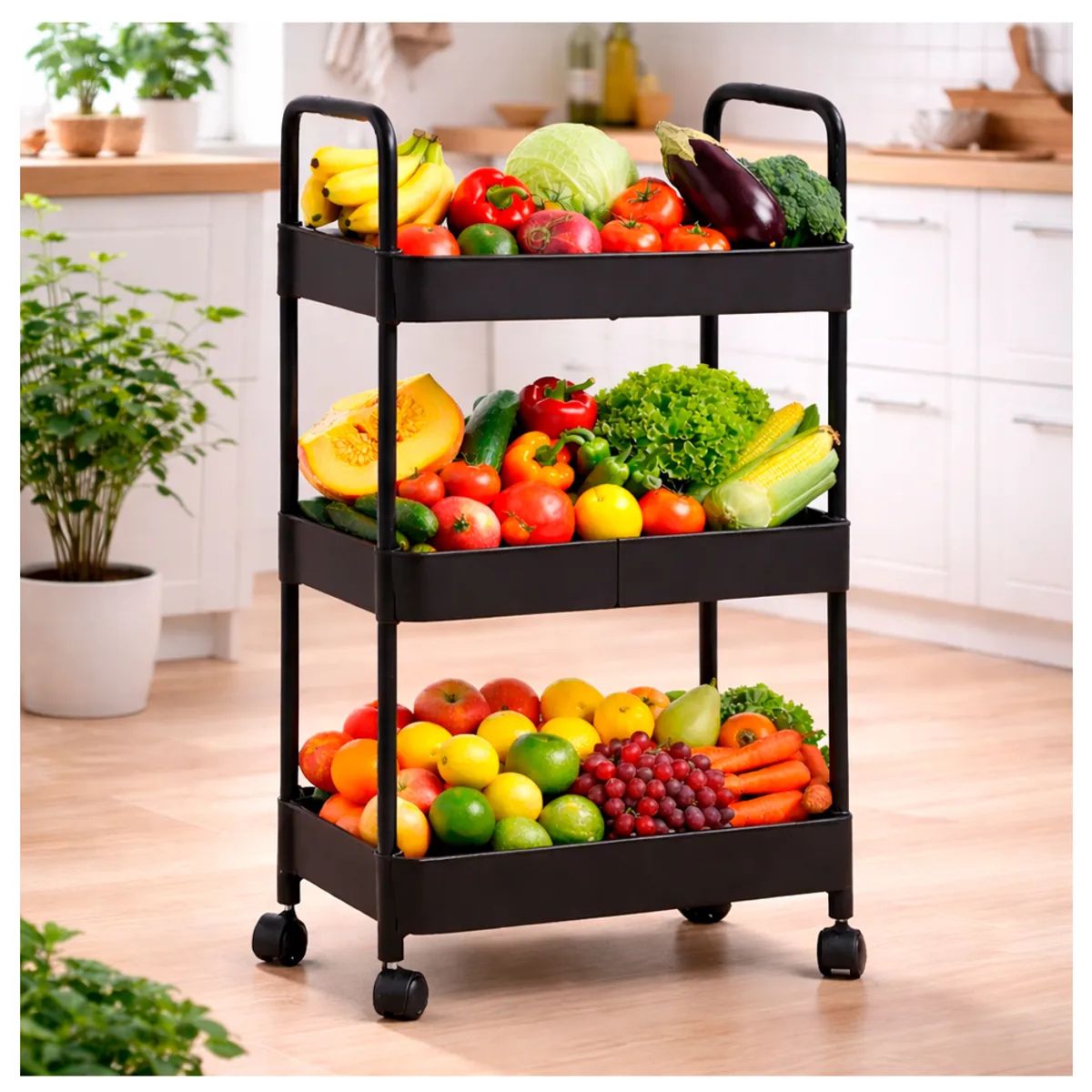 IRM - Carrito Organizador Frutero Verduras &  especiero Liviano Con Ruedas Negro