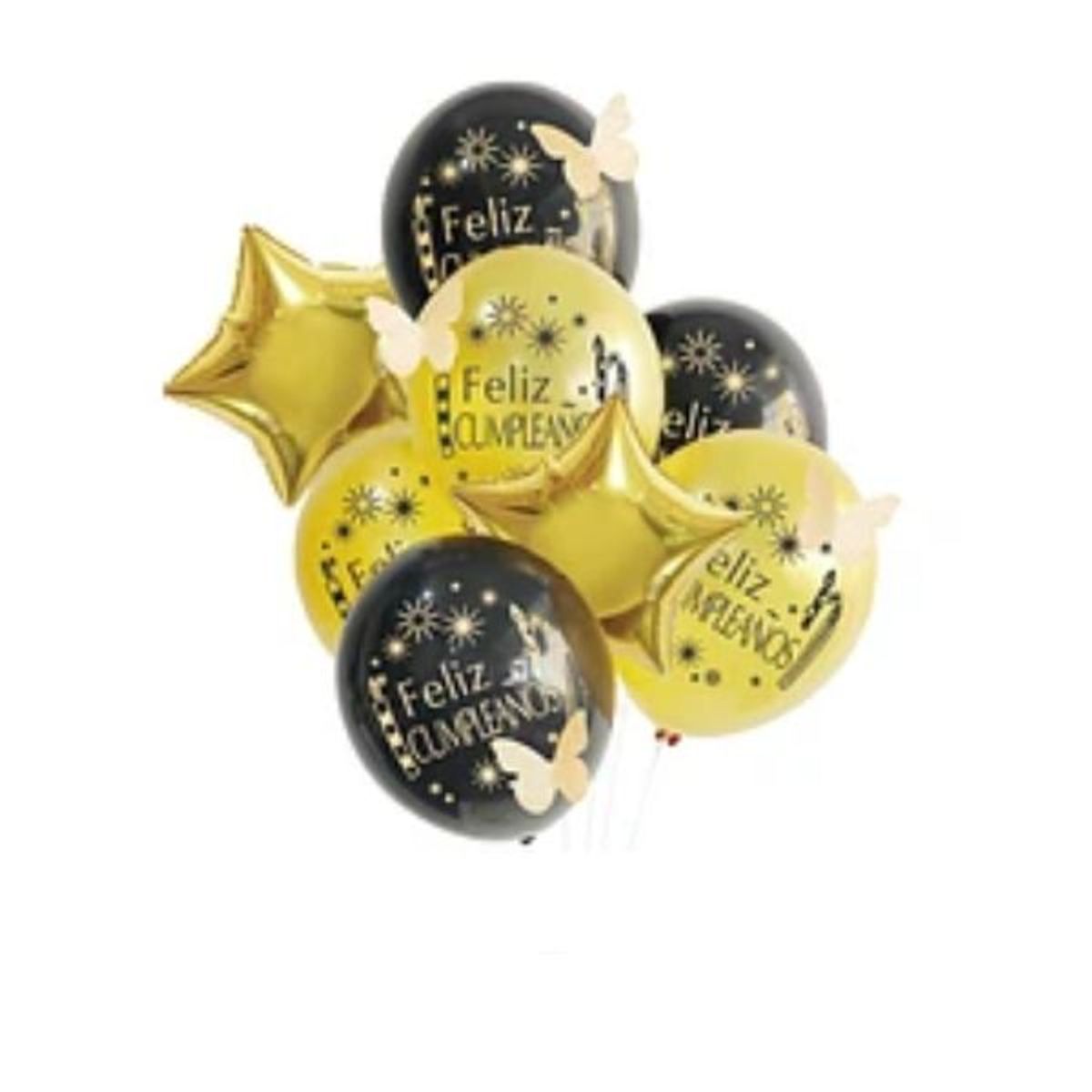 GENERICO - Set de globos feliz cumpleaños dorado y negro con mariposa 8pcs 30cm