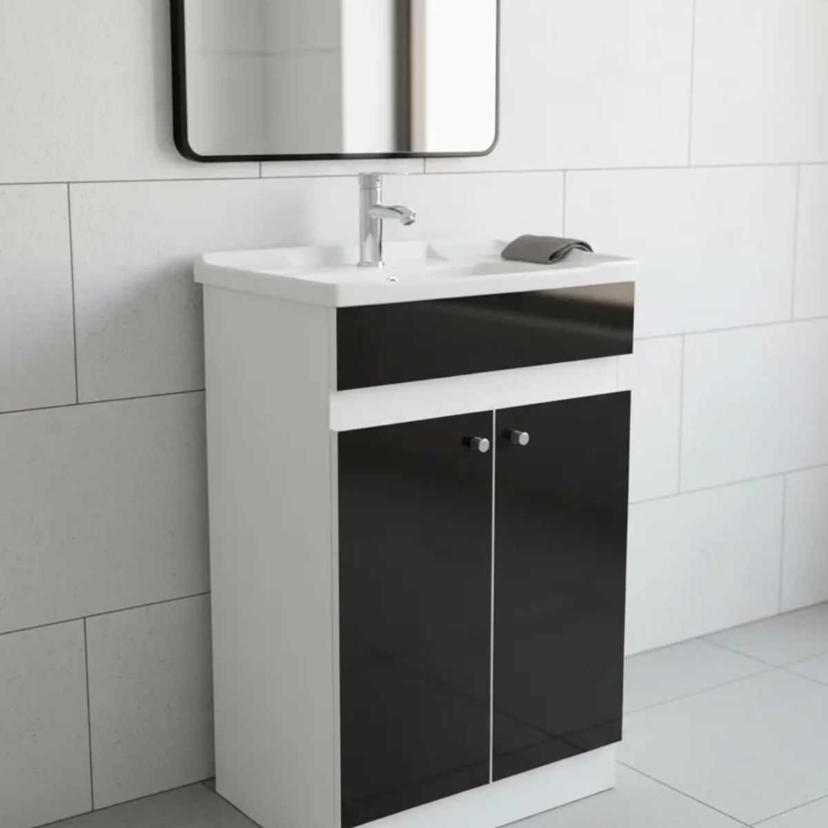 MODERN SPACE - Mueble Vanitorio 50x40 Cm Negro Mdf Lavamanos + Grifería Ms