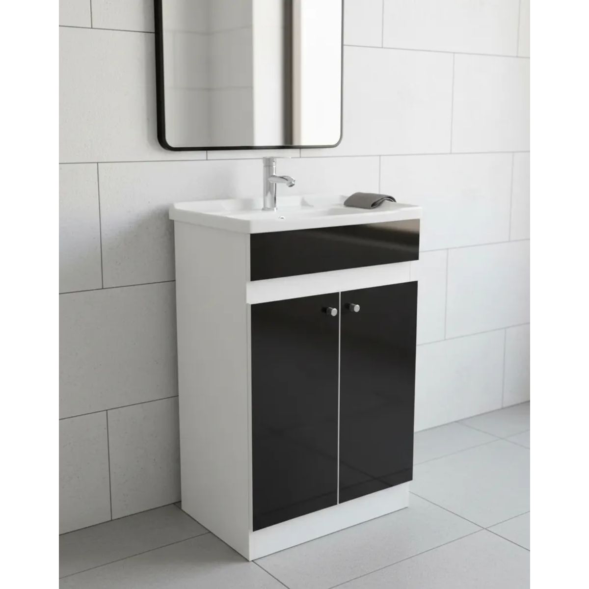 MODERN SPACE - Mueble Vanitorio 50x40 Cm Negro Mdf Lavamanos + Grifería Ms
