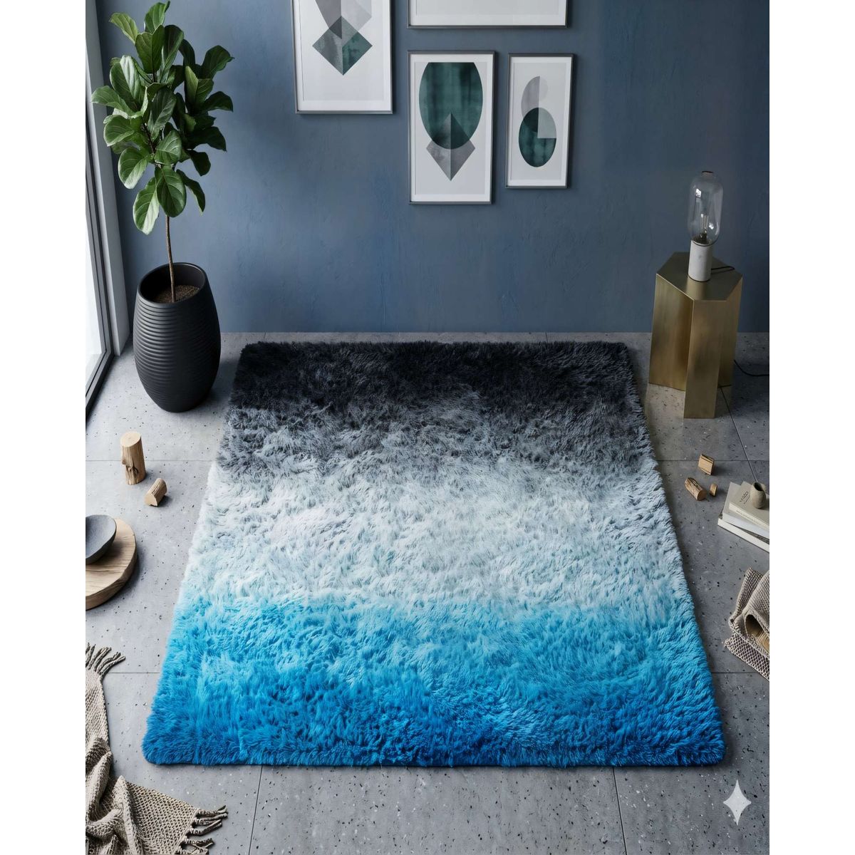 GENERICO - ALFOMBRA PELUDA 200X240  COLOR NEGRO CON AZUL Y BLANCO