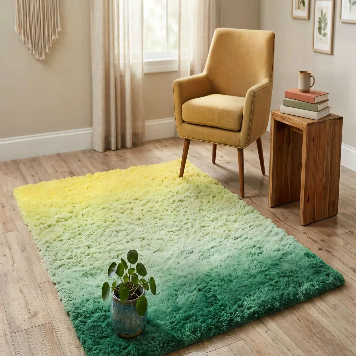 GENERICO - ALFOMBRA PELUDA 200X240  COLOR AMARILLO CON VERDE