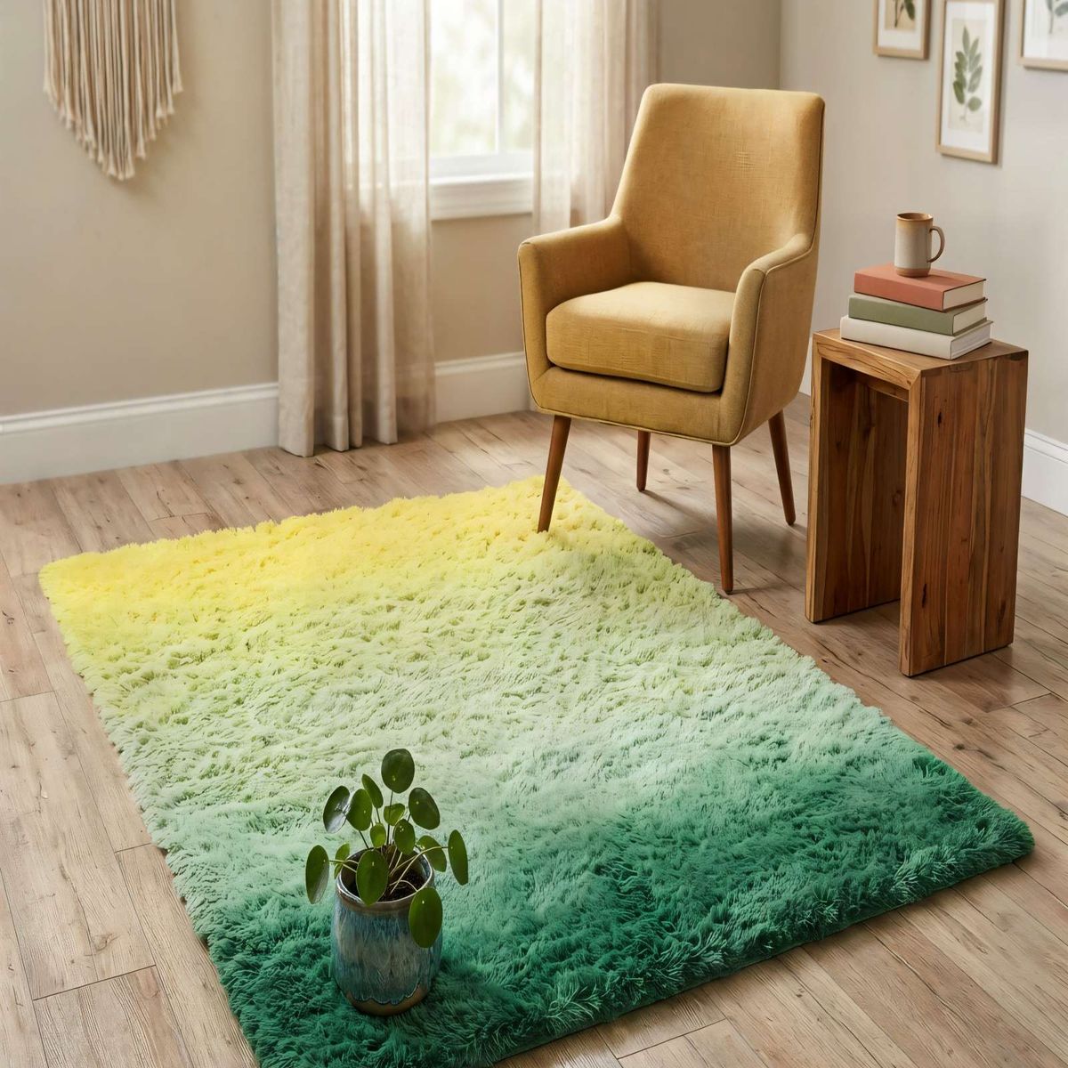 GENERICO - ALFOMBRA PELUDA 200X300 COLOR AMARILLO CON VERDE
