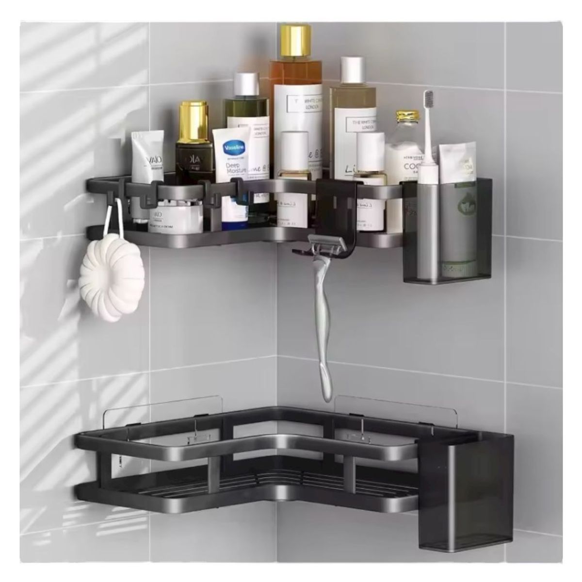 GENERICO - Organizador de Baño Esquinero Metálico Negro 2 Niveles con Jabonera Canastos y Colgadores