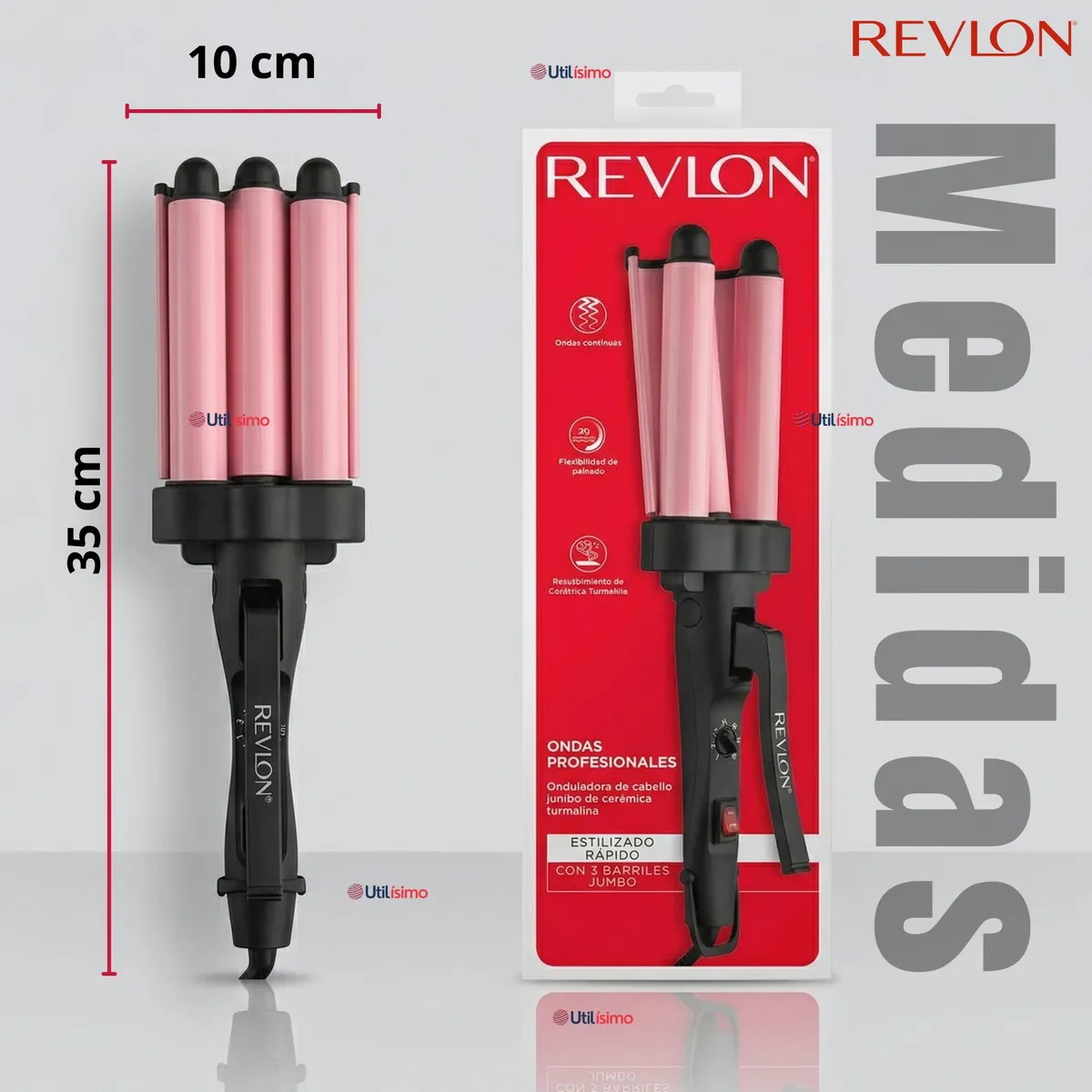 REVLON - Onduladora De Pelo Revlon Waver Jumbo De 3 Barriles 120W Rosa