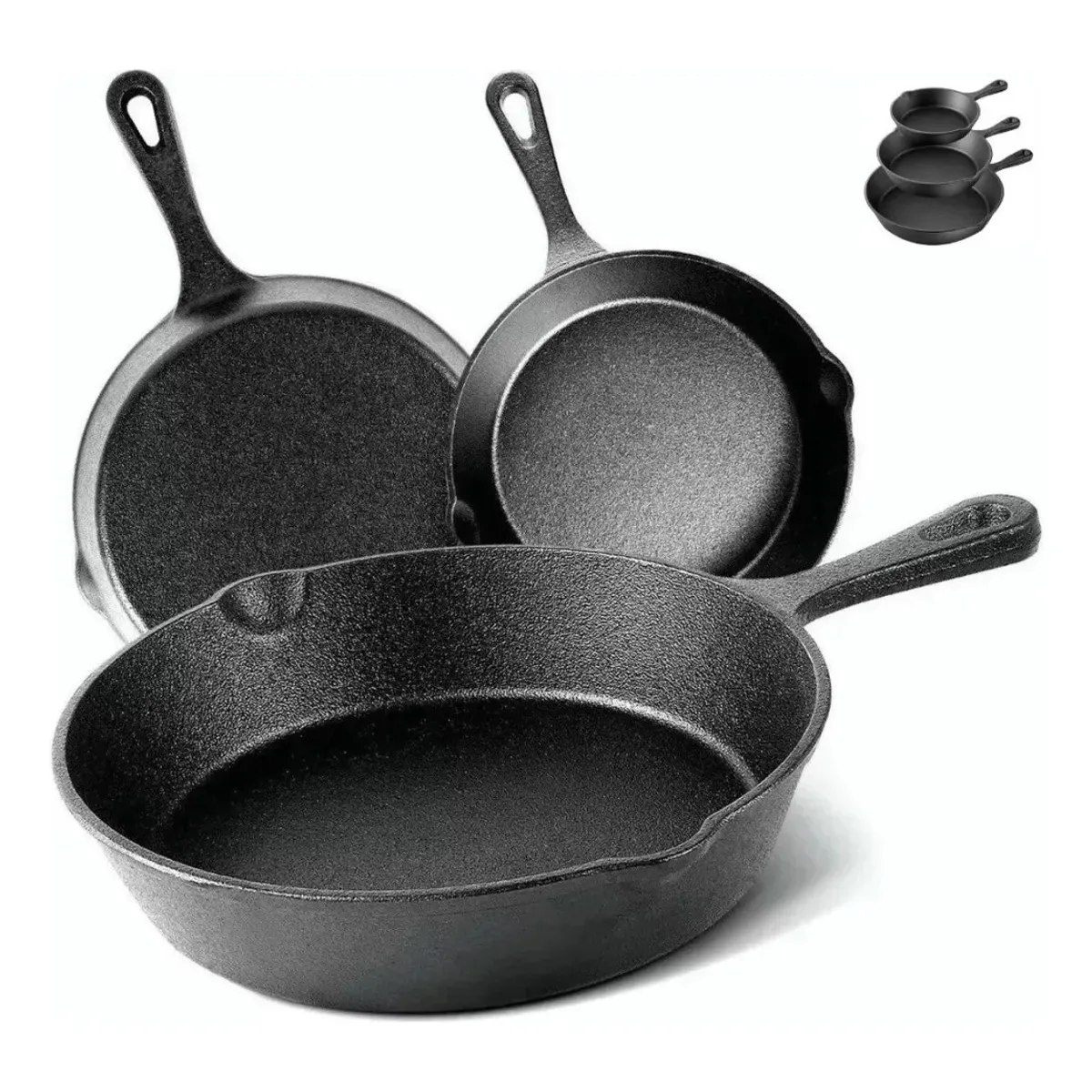 GENERICO - Set De 3 Sartenes 3 Hierro Fundido 16 20 Y 25cm Fierro Negro