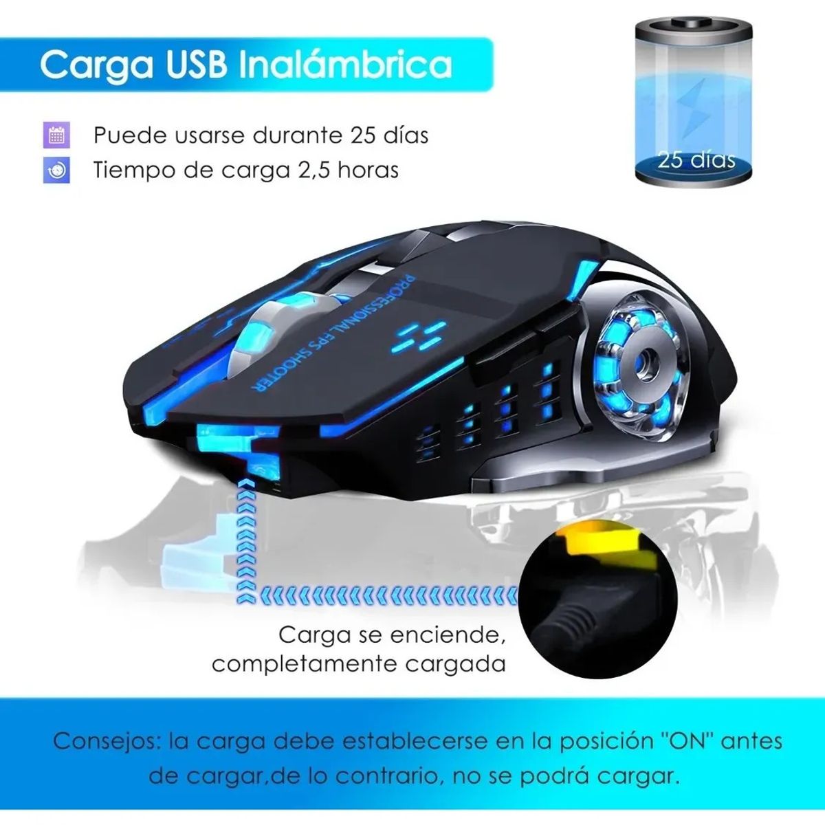 GENERICO - Mouse Gamer Inalámbrico Silencioso Y Recargable Con Luz Led