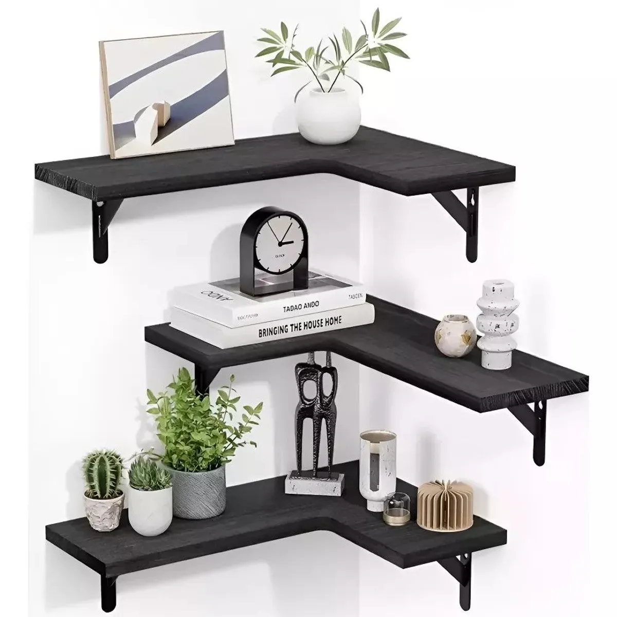 GENERICO - Repisas Esquineras Flotantes De Madera X3 Modernas Negro