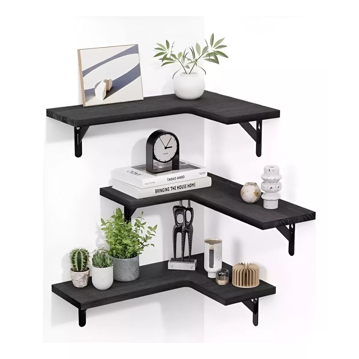GENERICO - Repisas Esquineras Flotantes De Madera X3 Modernas Negro