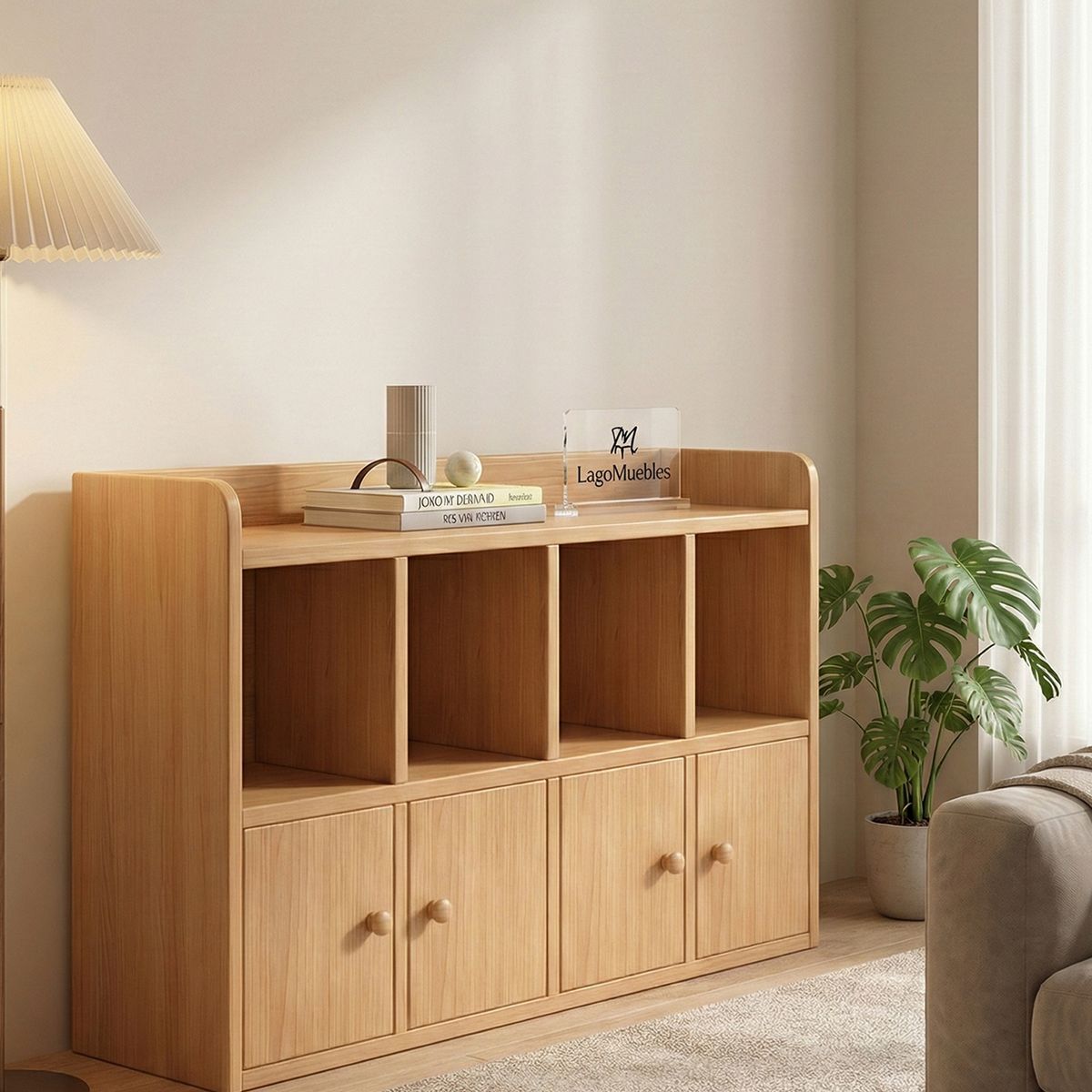 GENERICO - Repisas Estantería Librero Organizador con 4 Puertas Nórdico Madera 120x24x60cm Mdp Suelo Multiuso Estilo Nórdico