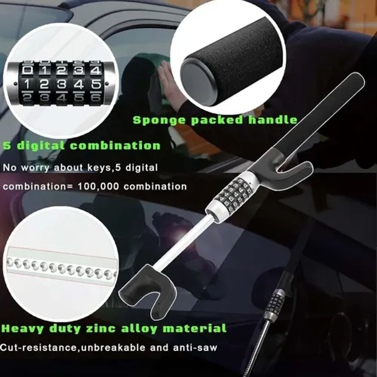EVERSO - Traba Volante Con Clave Universal Bloqueo Antirrobo Auto