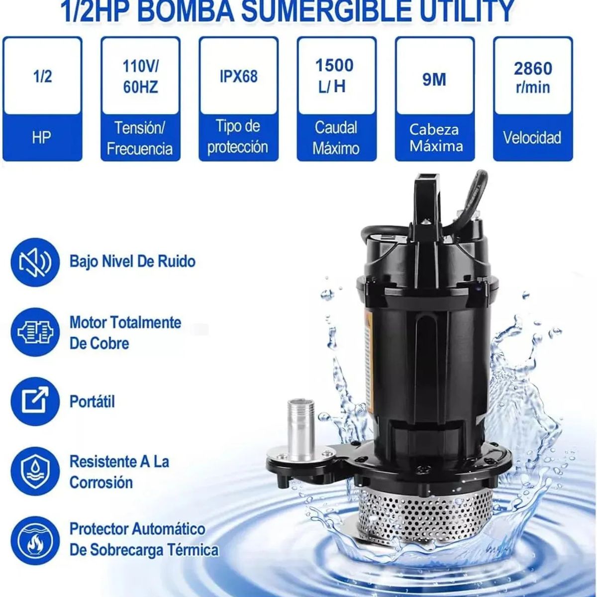 EVERSO - Bomba De Agua Sumergible 370w1500lh, Bomba Sumergible Agua