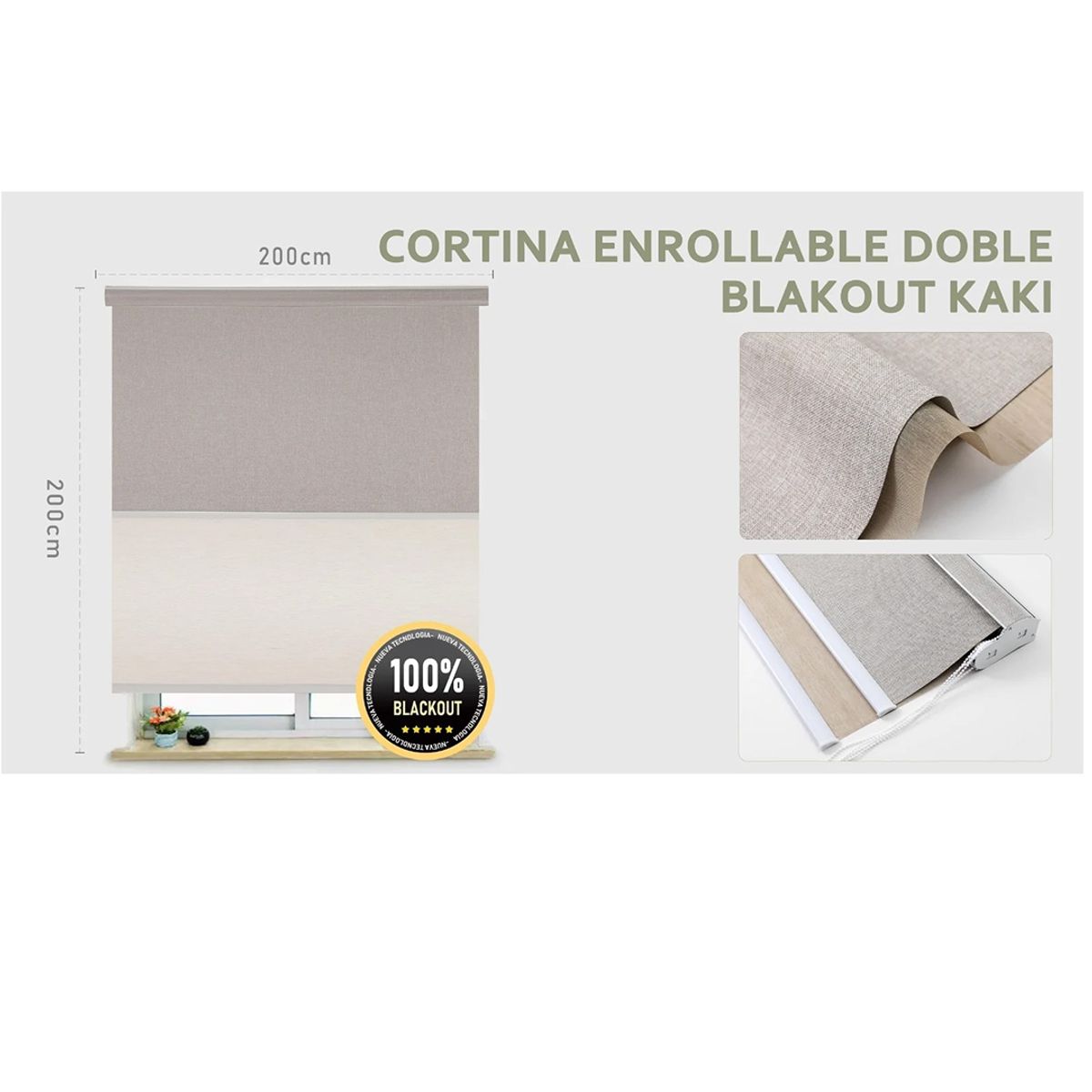 GENERICO - Cortina Enrollable Doble Blackout   jaspeada 200x200 cm color kaki