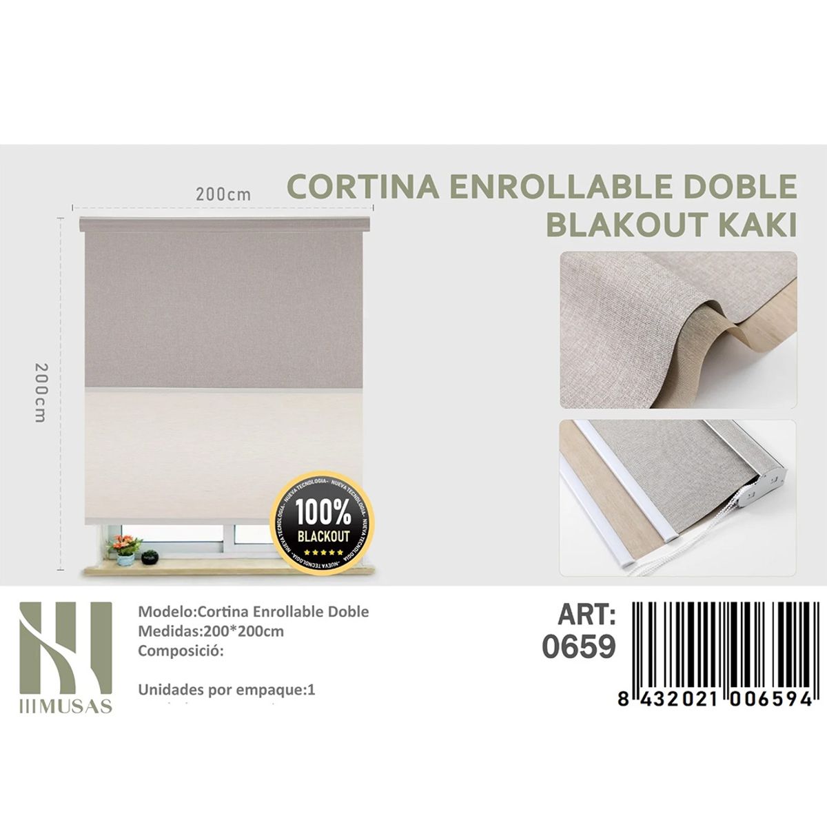 GENERICO - Cortina Enrollable Doble Blackout   jaspeada 200x200 cm color kaki