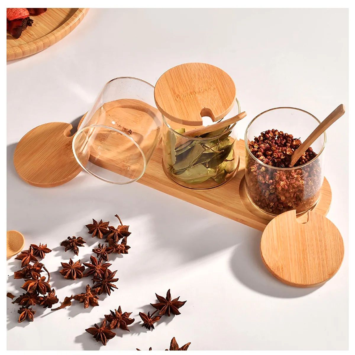 IRM - Set Especiero De Vidrio 3 Frascos Condimenteros Con Tapa Bambú y Cuchara