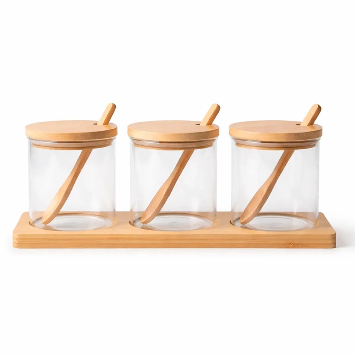 IRM - Set Especiero De Vidrio 3 Frascos Condimenteros Con Tapa Bambú y Cuchara