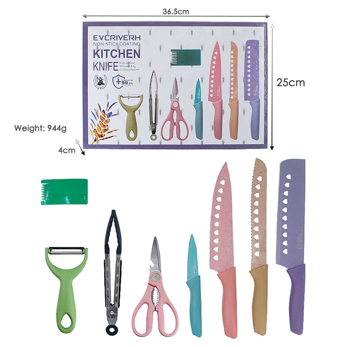 IRM - Set de Cuchillos Con Tijera de cocina Pelador & Pinza 8pcs Colores Pastel