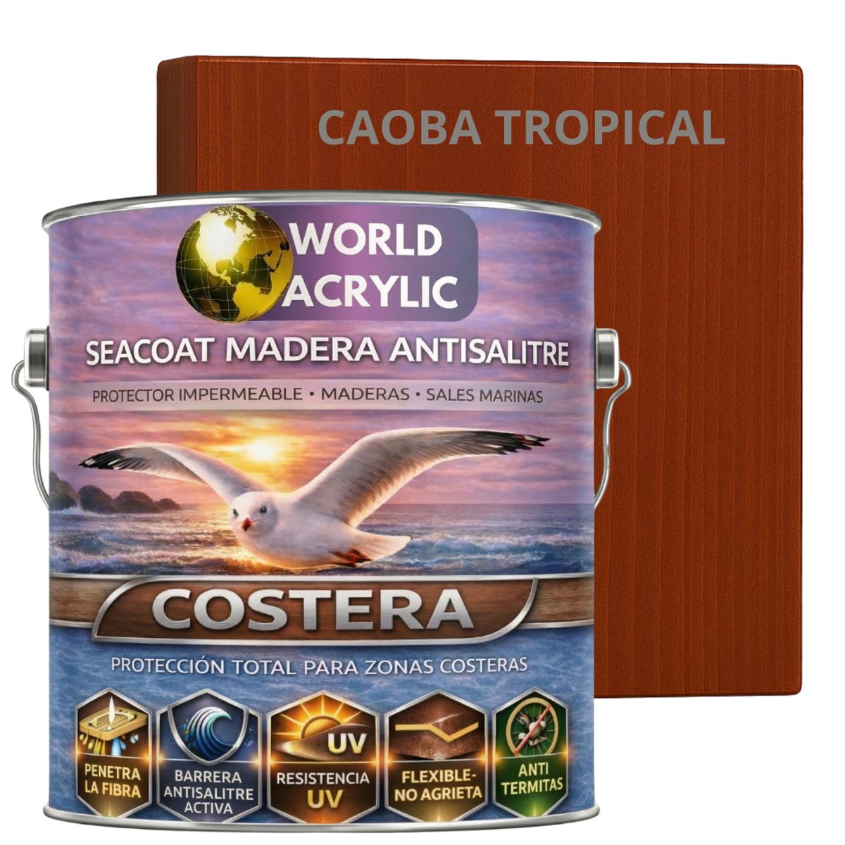 WORLD ACRYLIC - BARNIZ COSTERO - SEACOAT MADERA ANTISALITRE - CAOBA TROPICAL - GALON