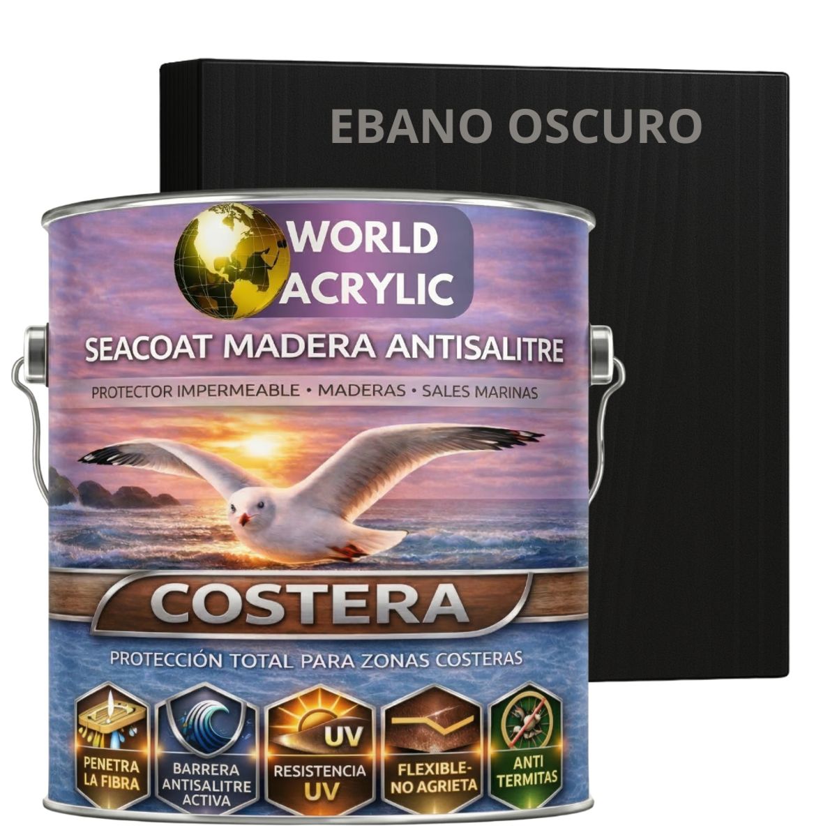 WORLD ACRYLIC - BARNIZ COSTERO - SEACOAT MADERA ANTISALITRE - EBANO OSCURO- GALON