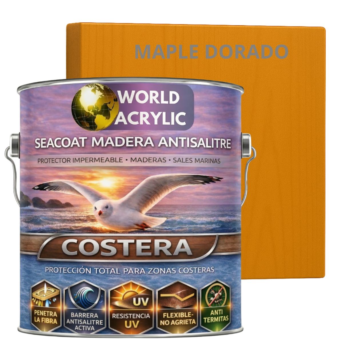 WORLD ACRYLIC - BARNIZ COSTERO - SEACOAT MADERA ANTISALITRE - MAPLE DORADO GALON