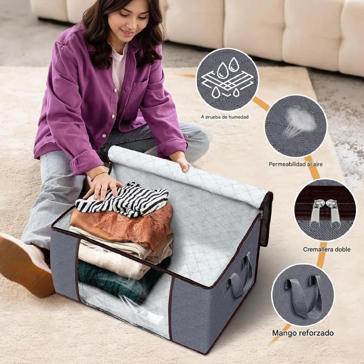 GENERICO - Pack 3 Bolsas Organizador Almacenamiento de Ropa / Mantas Color Gris