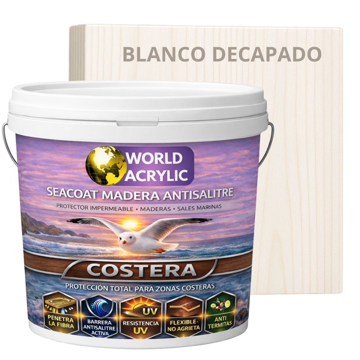 BARNIZ COSTERO - SEACOAT MADERA ANTISALITRE - BLANCO DECAPADO - TINETA 10L, marca WORLD ACRYLIC - Foto Principal