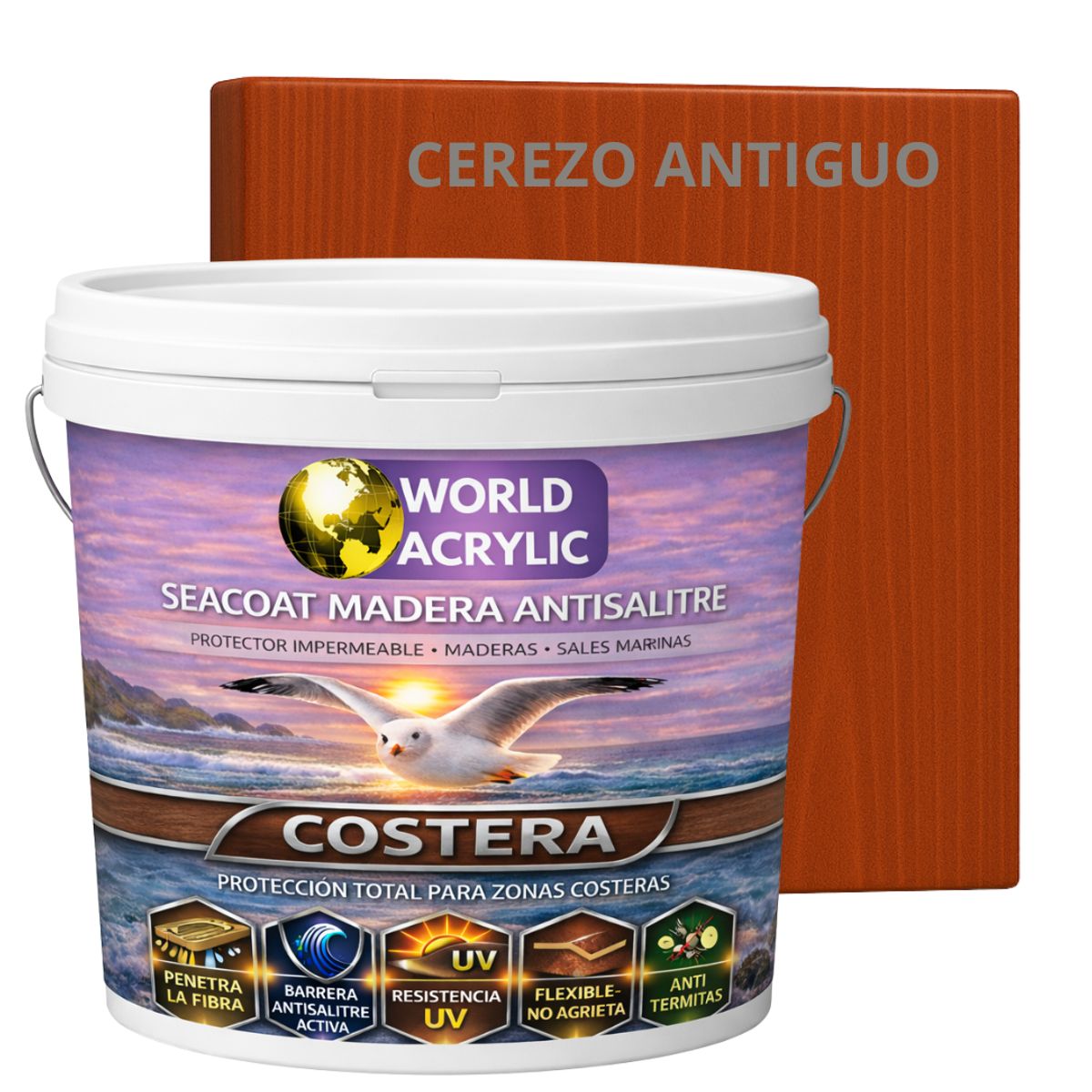 WORLD ACRYLIC - BARNIZ COSTERO - SEACOAT MADERA ANTISALITRE - CEREZO ANTIGUO - TINETA 10L