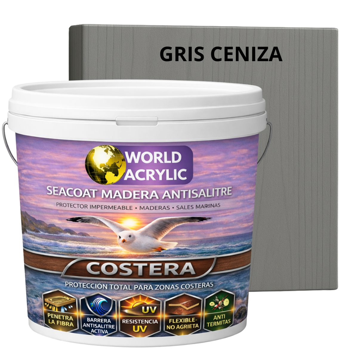 BARNIZ COSTERO - SEACOAT MADERA ANTISALITRE - GRIS CENIZA- TINETA 10L, marca WORLD ACRYLIC - Foto Principal