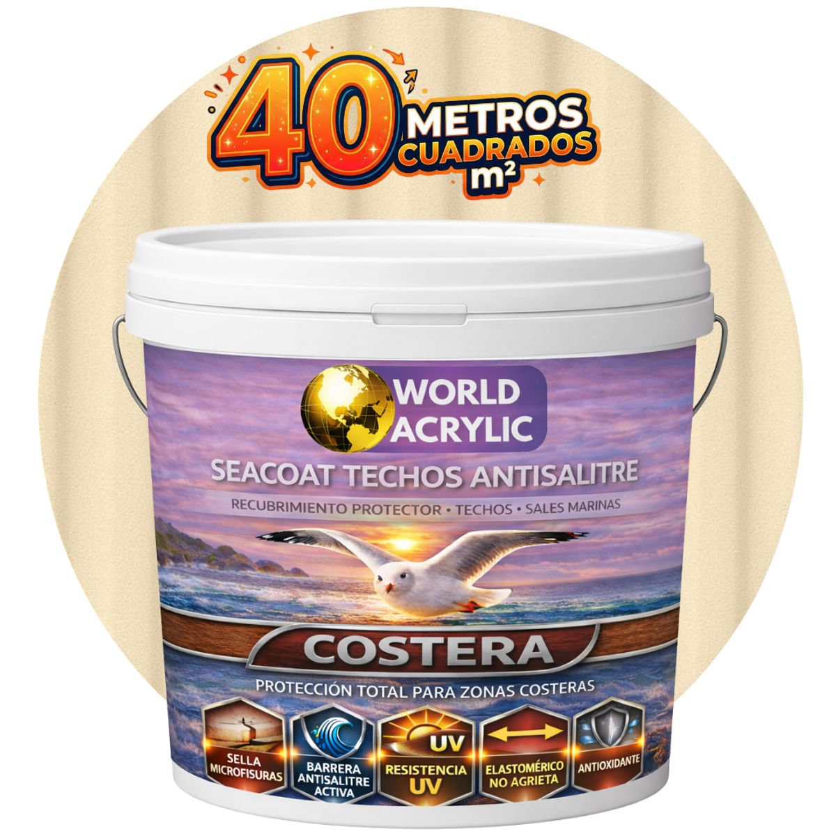 PINTURA TECHOS - SEACOAT TECHOS ANTISALITRE - ARENA BEIGE - TINETA 10L, marca WORLD ACRYLIC - Foto Principal