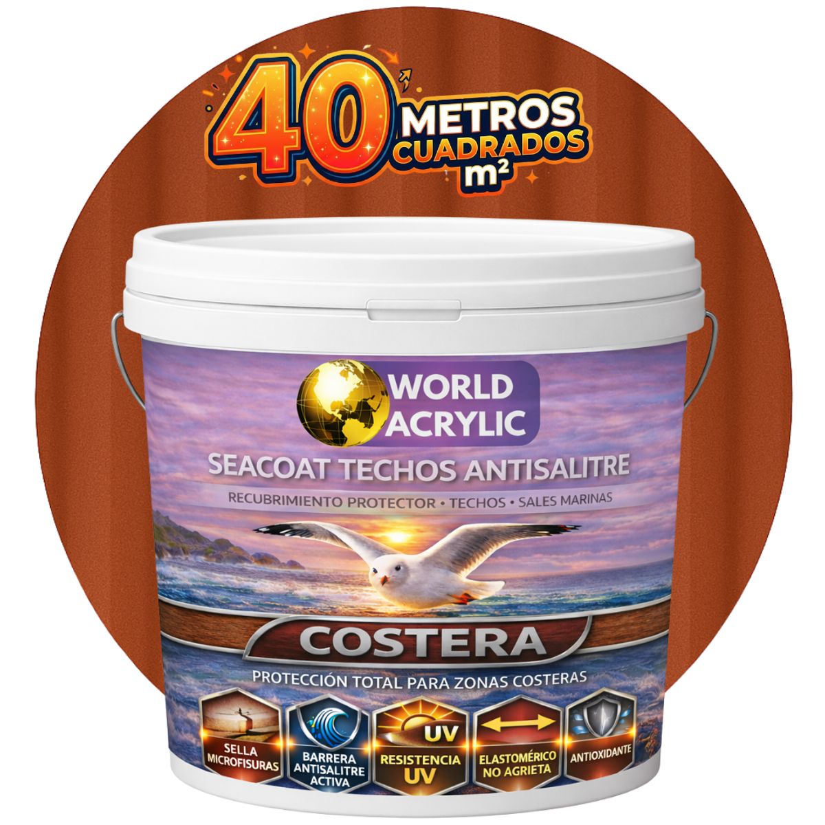 WORLD ACRYLIC - PINTURA TECHOS - SEACOAT TECHOS ANTISALITRE - ROJO TEJA - TINETA 10L
