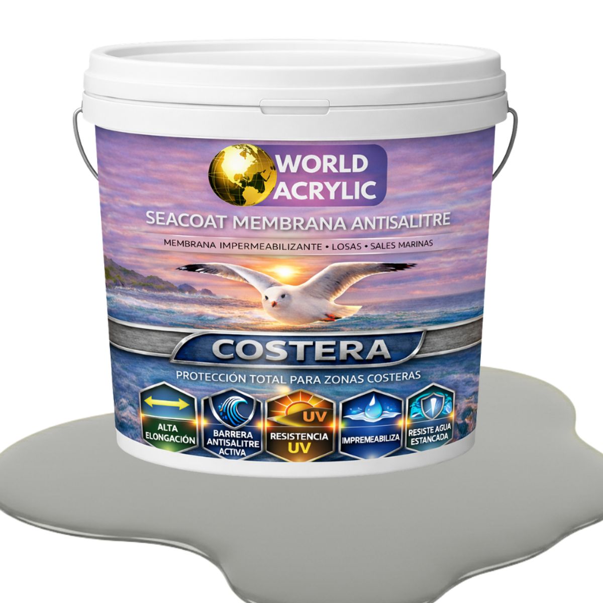 WORLD ACRYLIC - PINTURA PISOS - SEACOAT MEMBRANA ANTISALITRE - GRIS GRANITO AHUMADO- TINETA 10L