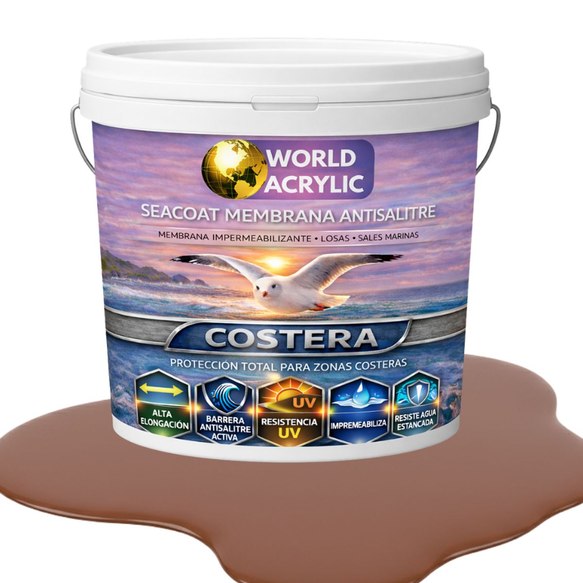 WORLD ACRYLIC - PINTURA PISOS - SEACOAT MEMBRANA ANTISALITRE - NOGAL MEDIO - TINETA 10L